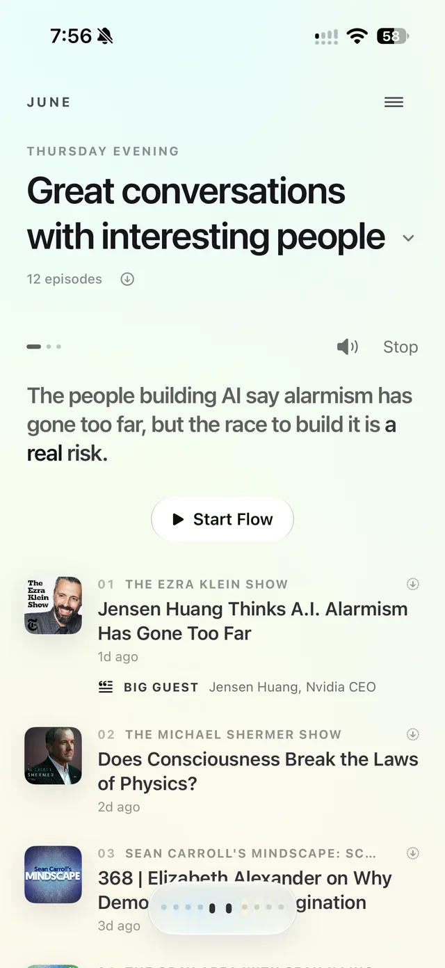 June on iPhone: a Flow called Great conversations with interesting people, 12 episodes, with Start Flow and the episode list